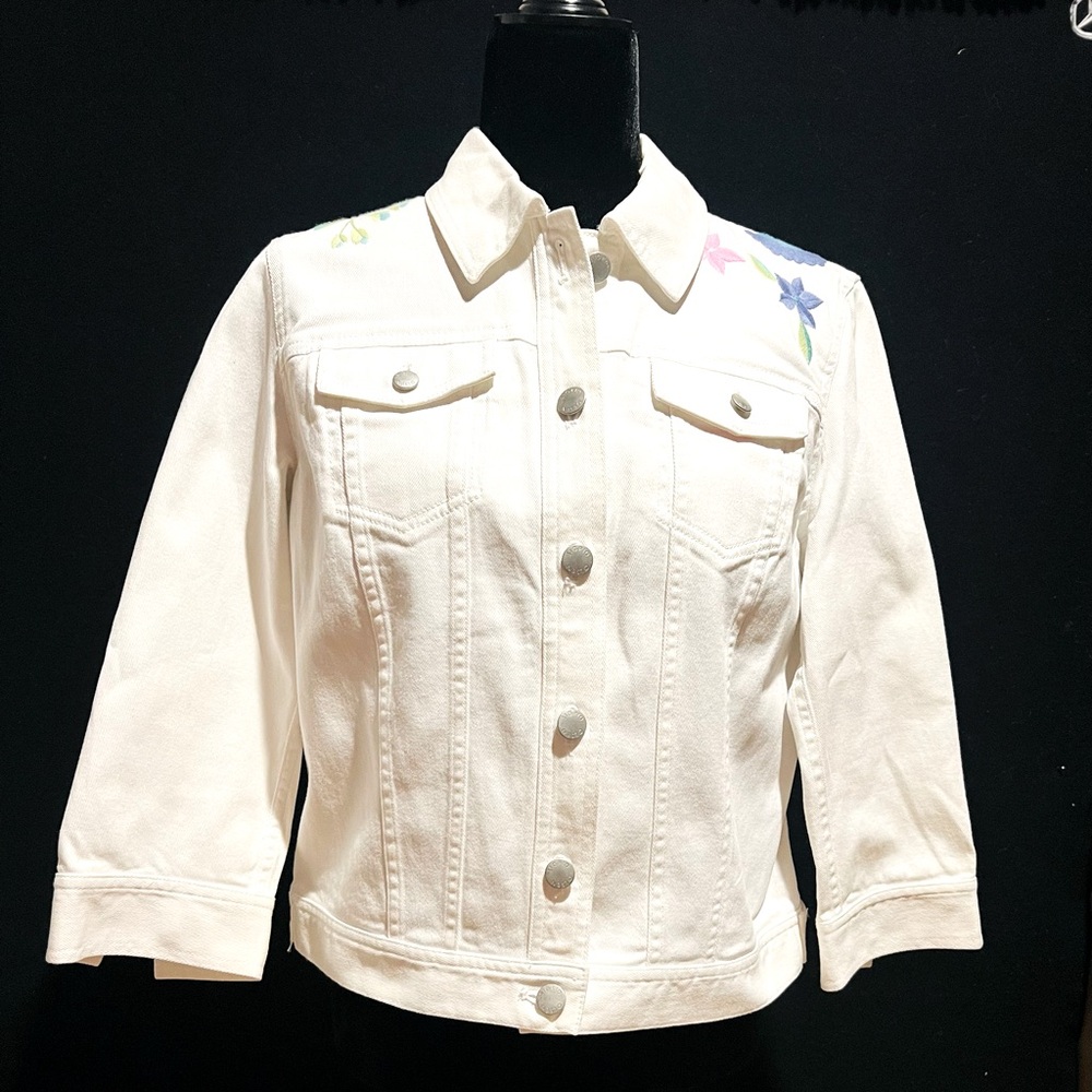 White Denim Jacket with Floral Embroidery